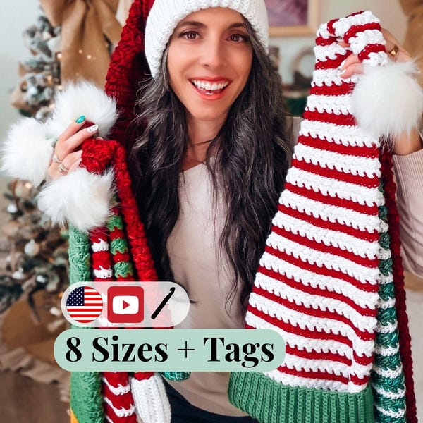 CROCHET PATTERN + VIDEO Wheat Stitch Santa & Elf Stocking Hat Crochet Pattern, 8 Sizes Newborn to Adult, Christmas Craft Favorite Holiday