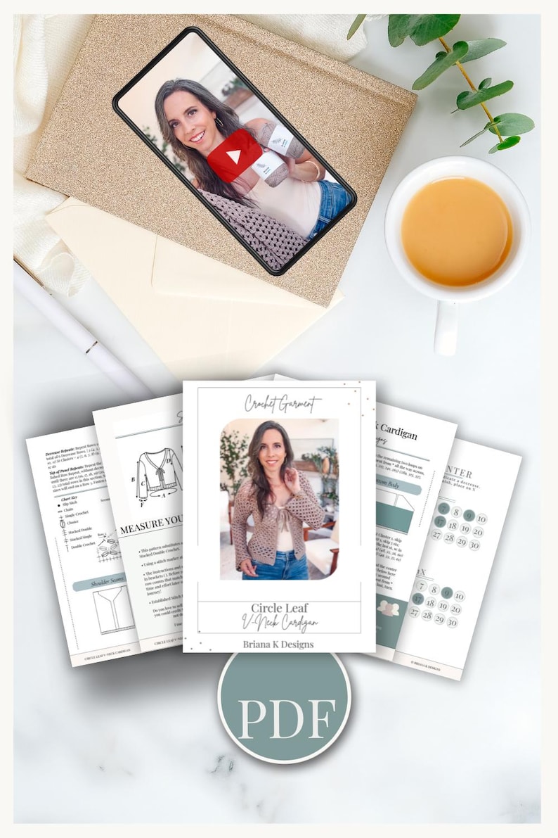 May include: A digital PDF crochet pattern for a Circle Leaf V-Neck Cardigan by Briana K Designs, featuring instructional pages with diagrams, measurement guides, and a progress tracker, displayed alongside a smartphone showing a video tutorial.