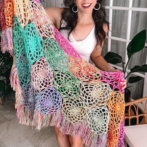 CROCHET PATTERN + VIDEO Stash Buster Crochet Motif Butterfly Shawl, Crochet Shawl with Video Instruction, Hexagon Motif Join as You Go