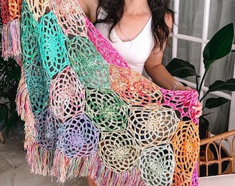 CROCHET PATTERN + VIDEO Stash Buster Crochet Motif Butterfly Shawl, Crochet Shawl with Video Instruction, Hexagon Motif Join as You Go