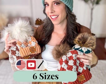 CROCHET PATTERN + VIDEO Harvest Hues Diamond Granny Stitch Crochet Beanie Pattern, Crochet Hat in 6 sizes (baby to adult), Stitch Charts