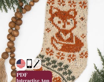 CROCHET PATTERN + App, Woodland Fox Christmas Stocking, Rustic Farmhouse Colorwork Charts, Xmas Mantle Decor, Holiday, Instant Download PDF