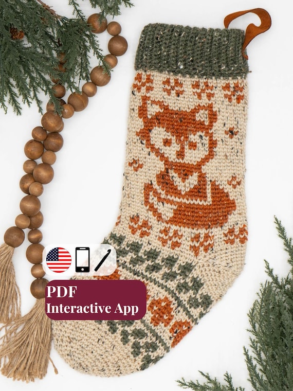 CROCHET PATTERN + App, Woodland Fox Christmas Stocking, Rustic
