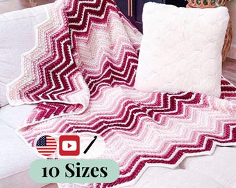 CROCHET PATTERN + VIDEO Wheat Stitch™ Ripple Blanket Crochet Pattern | Chevron Throw in 10 Sizes and Includes a Crochet Stitch Chart