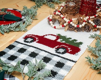 CROCHET PATTERN + VIDEO Red Christmas Truck Table Runner Crochet Pattern, Includes Chart, Holiday Christmas Decor Crochet Pattern