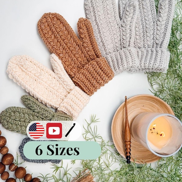 CROCHET PATTERN + VIDEO Winter Wheat Stitch™ Crochet Mittens Pattern - 6 Sizes Baby to Adult, Flat One-Piece Design Wheat Stitch™ Gloves