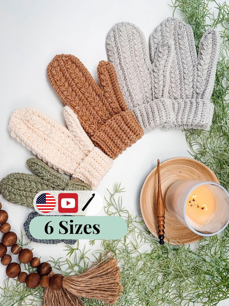 CROCHET PATTERN + VIDEO + App, Winter Wheat Stitch™ Mittens, 6 Sizes Baby to Adult, Flat One Piece Gloves, Cozy Unisex, Instant Download 画像 4