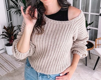 CROCHET PATTERN + VIDEO Beginner Crochet Pullover Pattern - The Dove Crochet Sweater is constructed flat with only two seams. xs-5x sizes.