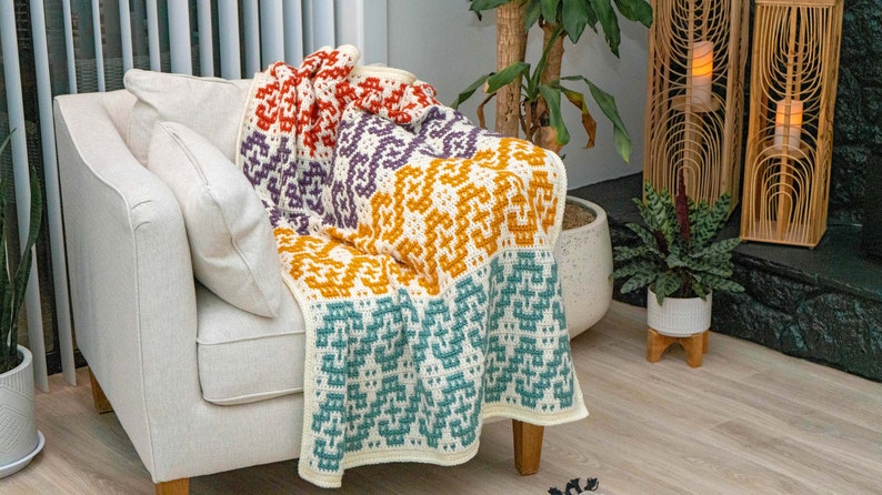 Waves Mosaic Crochet Blanket Pattern Video Tutorial. Learn how to mosaic crochet. Crochet Home Décor Instant Download PDF Crochet Pattern image 1