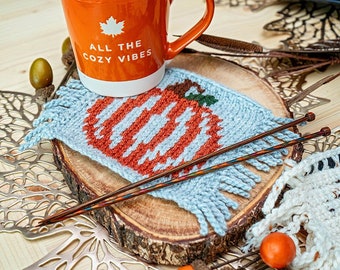 Pumpkin Knit Mug Rug Coaster Home Decor, Instant Download PDF Pattern, Includes Chart, Holiday Fall Decor Knit Pattern