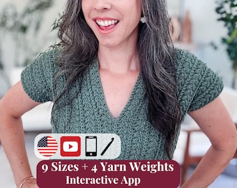 CROCHET PATTERN + VIDEO + App, Wheat Stitch™ Easy Womens Summer Top, xs-5x Plus Size, Multiple Yarn Weights Ebook + Bonus Guide