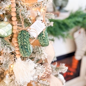 May include: A green knitted pickle ornament with a textured surface, hanging from a brown twine loop. A small white rectangular tag with printed text is attached to the twine. The ornament features a braided cable knit pattern in shades of green.