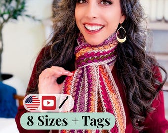 CROCHET PATTERN + VIDEO Wheat Stitch™ Crochet Scarf Pattern + Video Tutorial, Includes Printable Tags + Sizing Chart + Use Any Yarn Guide.