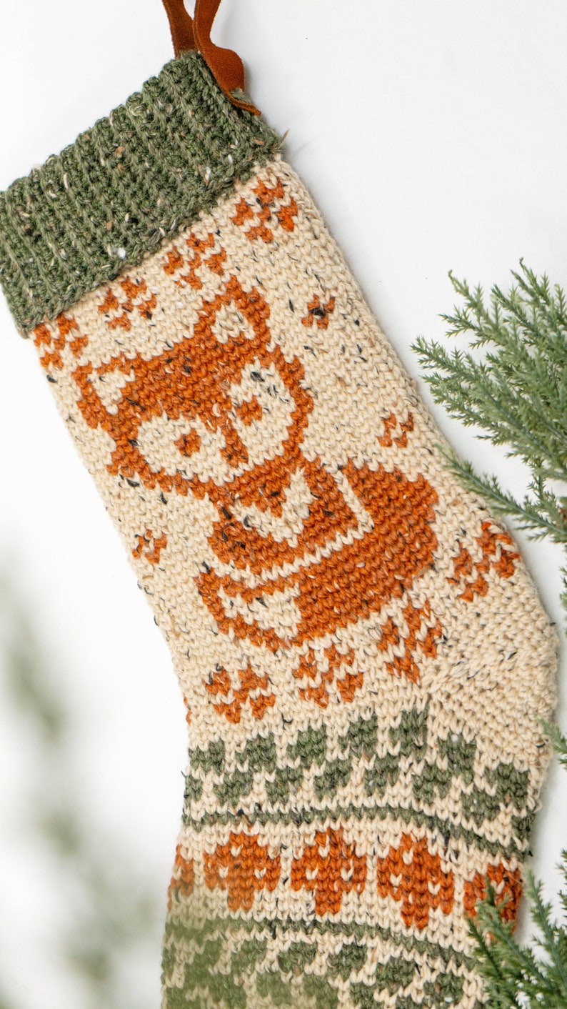 Woodland Fox Crochet Stocking Pattern, Downloadable PDF with Charts and Video Instruction on Making a Colorwork Stocking. Rustic Stocking image 1