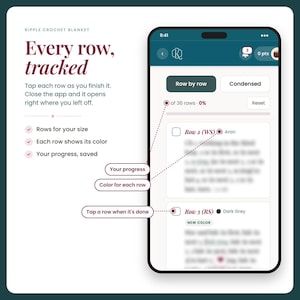 May include: A smartphone screen displays a crochet pattern tracking app titled Ripple Crochet Blanket. The interface shows row-by-row progress, colour indicators, and checkboxes for tracking completion, with text labels explaining features like row progress and colour tracking.