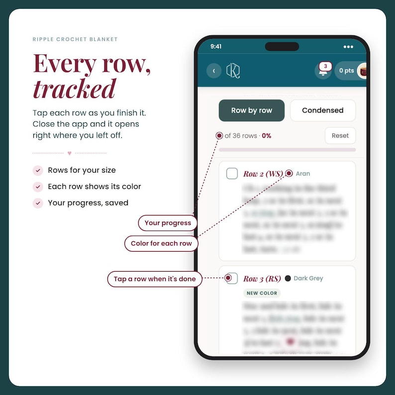 May include: A smartphone screen displays a crochet pattern tracking app titled Ripple Crochet Blanket. The interface shows row-by-row progress, colour indicators, and checkboxes for tracking completion, with text labels explaining features like row progress and colour tracking.