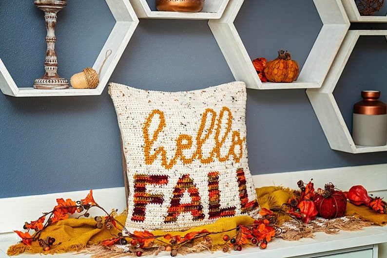 Hello Fall Crochet Pillow Cover Home Decor, Instant Download PDF Pattern, Includes Chart, Holiday Fall Decor Crochet Pattern image 1