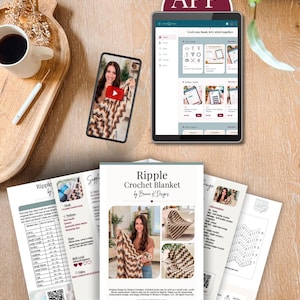 May include: A digital crochet pattern for a ripple blanket, presented as a PDF document and a mobile app interface. The pattern includes written instructions, size charts in inches, abbreviations, and a visual diagram of the chevron stitch pattern.