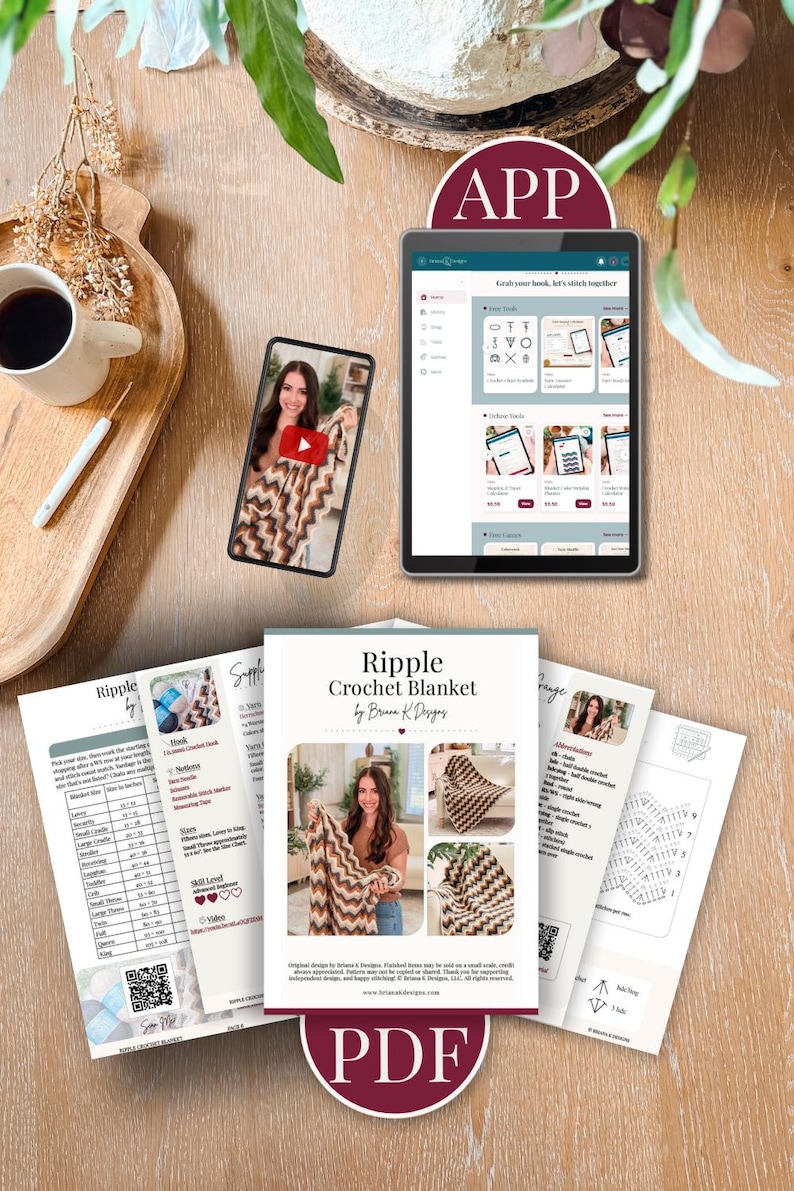 May include: A digital crochet pattern for a ripple blanket, presented as a PDF document and a mobile app interface. The pattern includes written instructions, size charts in inches, abbreviations, and a visual diagram of the chevron stitch pattern.
