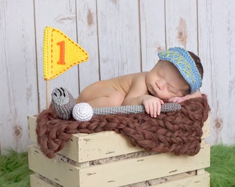 Little Golfer Crochet PATTERN Instant Download, Hole in One Newborn Golf Set, Crochet Golf Baby Gift