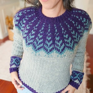CROCHET PATTERN + VIDEO Cozy Fair Isle Pine Crochet Sweater Pattern with Charts, xs-5X Sizes, Winter Pullover Crochet Pattern Colorwork