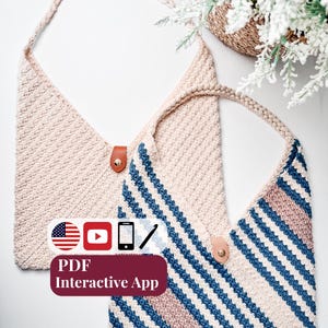 May include: Two triangular crochet bags with braided handles and brown leather-look button closures. One bag is solid cream, while the other features diagonal stripes in cream, dusty pink, and navy blue. Text reads: PDF Interactive App.