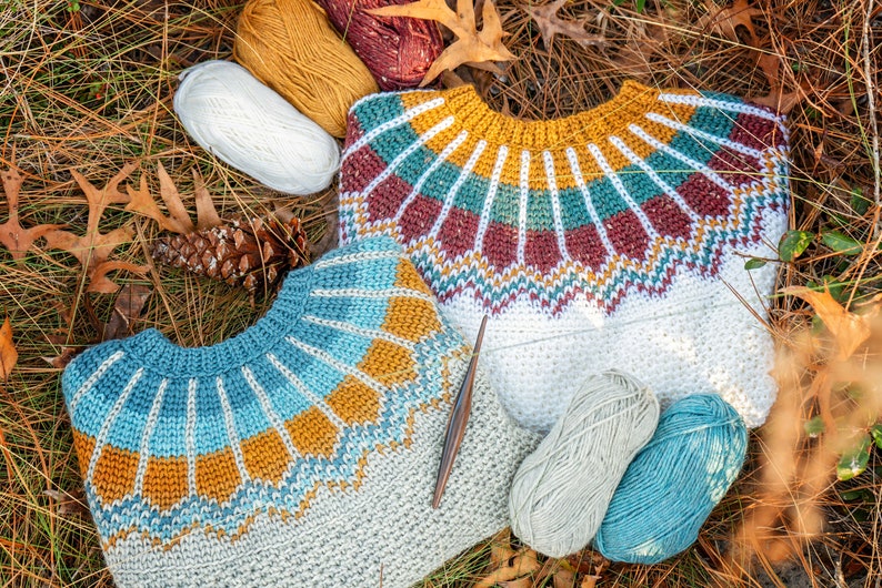 CROCHET PATTERN + VIDEO Traveler Fair Isle Crochet Sweater, xs to 5x sizes, Pullover Crochet Colorwork Pattern, Video Tutorial Incl. image 9