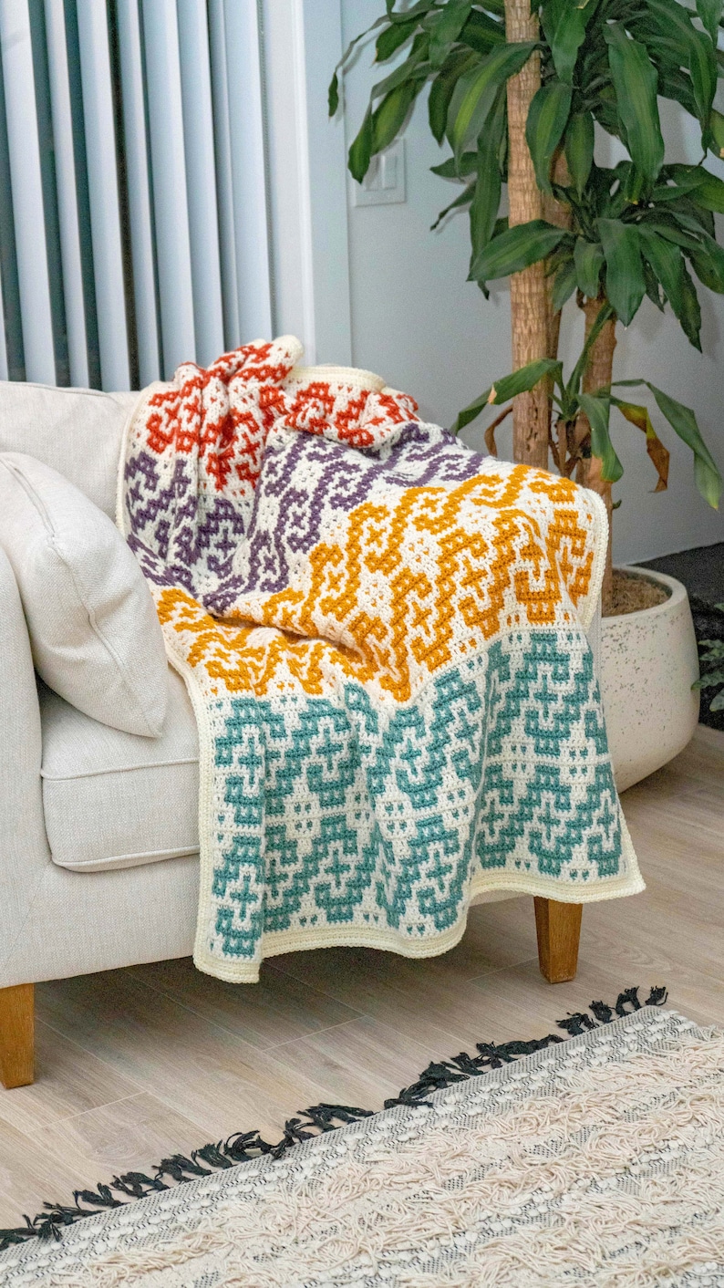 Waves Mosaic Crochet Blanket Pattern Video Tutorial. Learn how to mosaic crochet. Crochet Home Décor Instant Download PDF Crochet Pattern image 4