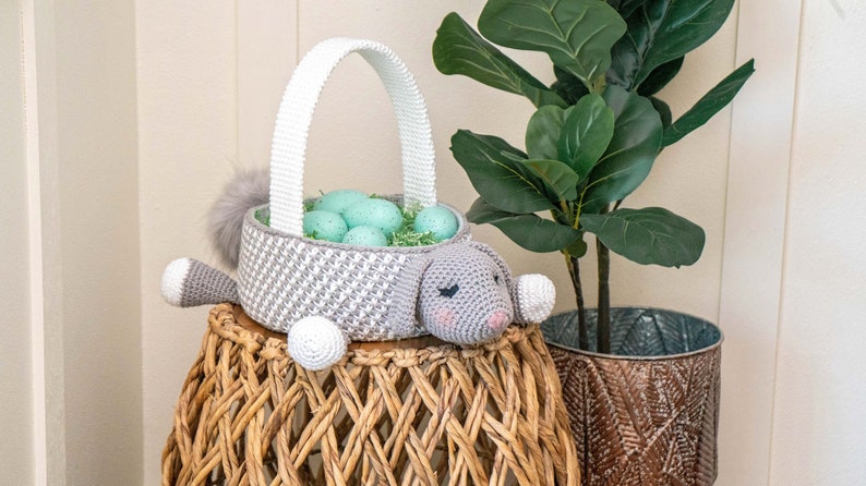 Bunny Easter Basket Crochet PATTERN Instant Download, Toy or Storage Basket, Video Tutorial for the Bunny Basket Included image 1