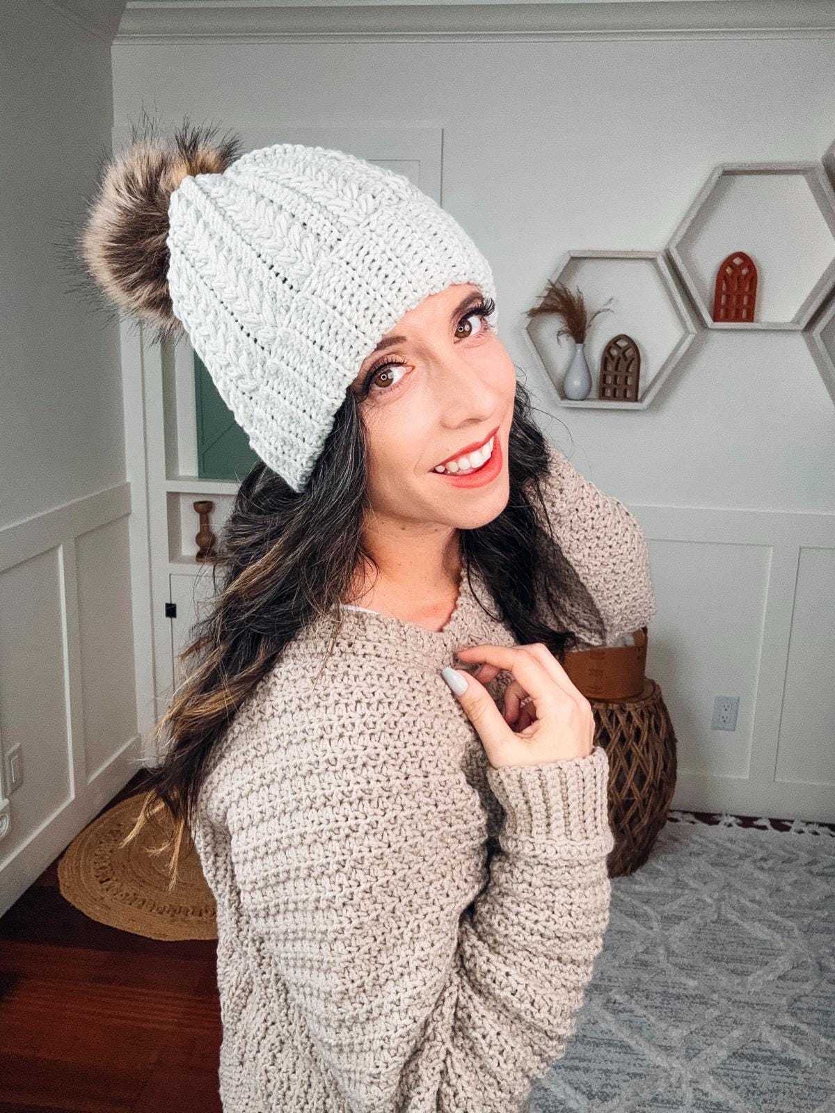 Handcrafted Crochet Multicolor Winter Hat Snowy Wheat Stitch Beanie with Pom Pom Snowy wheat stitch crochet hat pattern main image 2