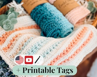 CROCHET PATTERN + VIDEO Petal Loop Stitch Washcloth Crochet Pattern + Label | Textured Dishcloth Pattern | Beginner Crochet Cotton Dishcloth