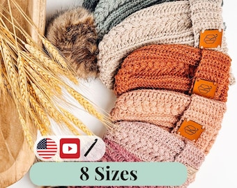 CROCHET PATTERN + VIDEO Autumn Wheat Crochet Hat Beanie in 8 Sizes Newborn to Adult. Easy Pattern & Beginner Friendly, Crocheted Flat