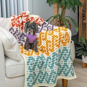 Puede incluir: Un perro peque&ntilde;o se sienta en un sof&aacute; blanco con una manta de ganchillo de colores. La manta tiene un patr&oacute;n geom&eacute;trico en tonos naranja, amarillo, azul verdoso, morado y blanco. El perro lleva un chaleco morado.