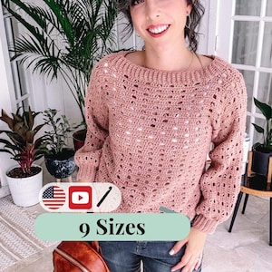 CROCHET PATTERN + VIDEO Easy Crochet Pattern - Sparrow Crochet Sweater, Size-Inclusive xs-5X, Only 2 seams and crocheted flat, Crochet Top