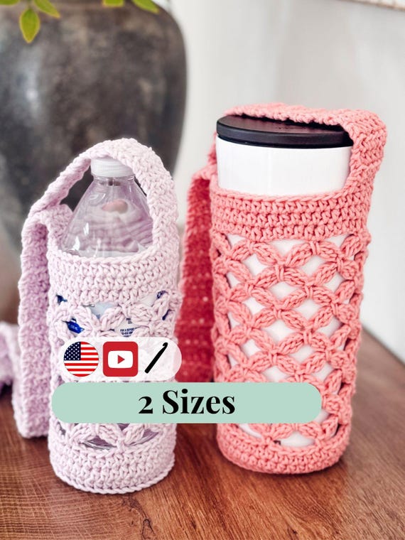 CROCHET PATTERN + VIDEO Circle Leaf Crochet Water Bottle Holder Pattern, Easy Diy Drink Carrier, Easy crochet project for markets and gifts.