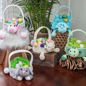 Set of crochet easter baskets in bright colors including a unicorn, bunny, llama, dinosaur and dragon.