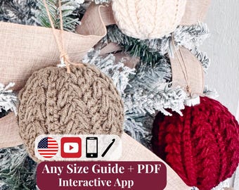 CROCHET PATTERN + VIDEO + App, Wheat Stitch™ Ornaments, Handmade Christmas Baubles, Xmas Tree Decor, Rustic Holiday Gift, Instant Download