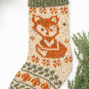 Woodland Fox Crochet Stocking Pattern, Downloadable PDF with Charts and Video Instruction on Making a Colorwork Stocking. Rustic Stocking image 3