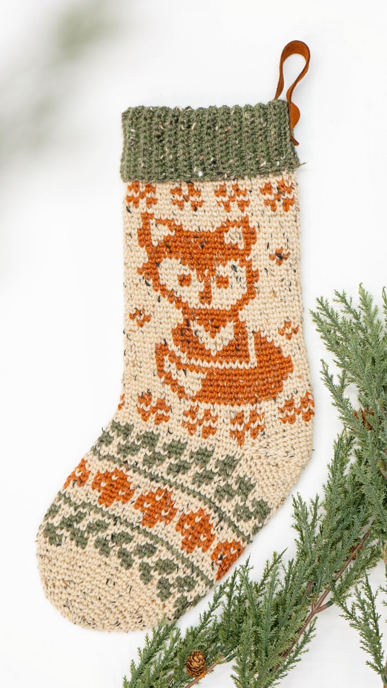 Woodland Fox Crochet Stocking Pattern, Downloadable PDF with Charts and Video Instruction on Making a Colorwork Stocking. Rustic Stocking image 3