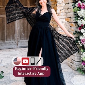 May include: A black floor-length dress with a sweetheart neckline and a high front slit, paired with a black crocheted shawl featuring an openwork pattern. A graphic overlay displays the text "Beginner-Friendly Interactive App" with icons.