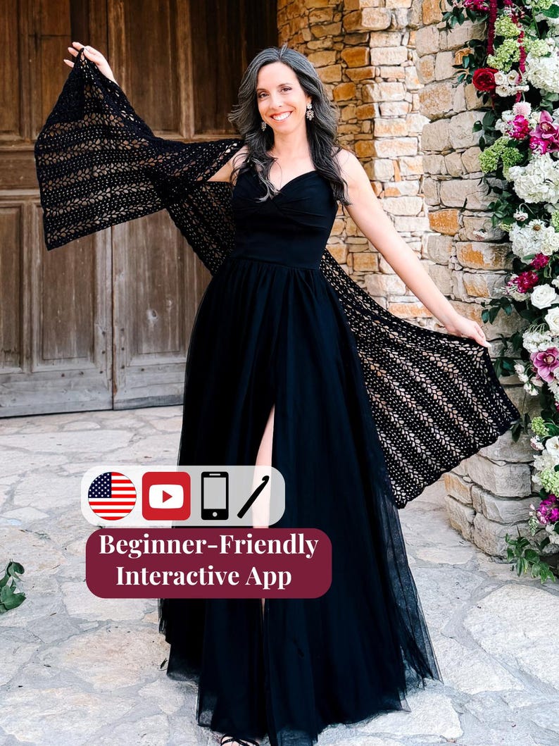 May include: A black floor-length dress with a sweetheart neckline and a high front slit, paired with a black crocheted shawl featuring an openwork pattern. A graphic overlay displays the text "Beginner-Friendly Interactive App" with icons.