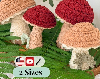CROCHET PATTERN + VIDEO Wheat Stitch Mushrooms | Puff Stitch Amigurumi | Two Sizes | Woodland Home Decor | Instant Pdf Download