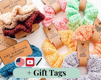 CROCHET PATTERN + VIDEO Double Bloom Scrunchie Crochet Pattern, Hair Accessory, Diy Hair Tie Pattern, Beginner Friendly Gift Idea + Labels