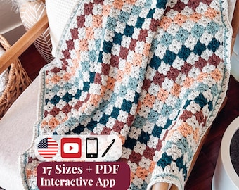 CROCHET PATTERN + VIDEO + App, Colorful Hues Granny Stitch Blanket, 17 Sizes + Charts, Easy Afghan Throw, Stash Buster, Instant Download