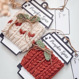CROCHET PATTERN + VIDEO + App, Wheat Stitch™ Pumpkin Coffee Cup Cozy, Easy Fall Mug Sleeve, Autumn Decor, Printable Tags, Perfect Gift!