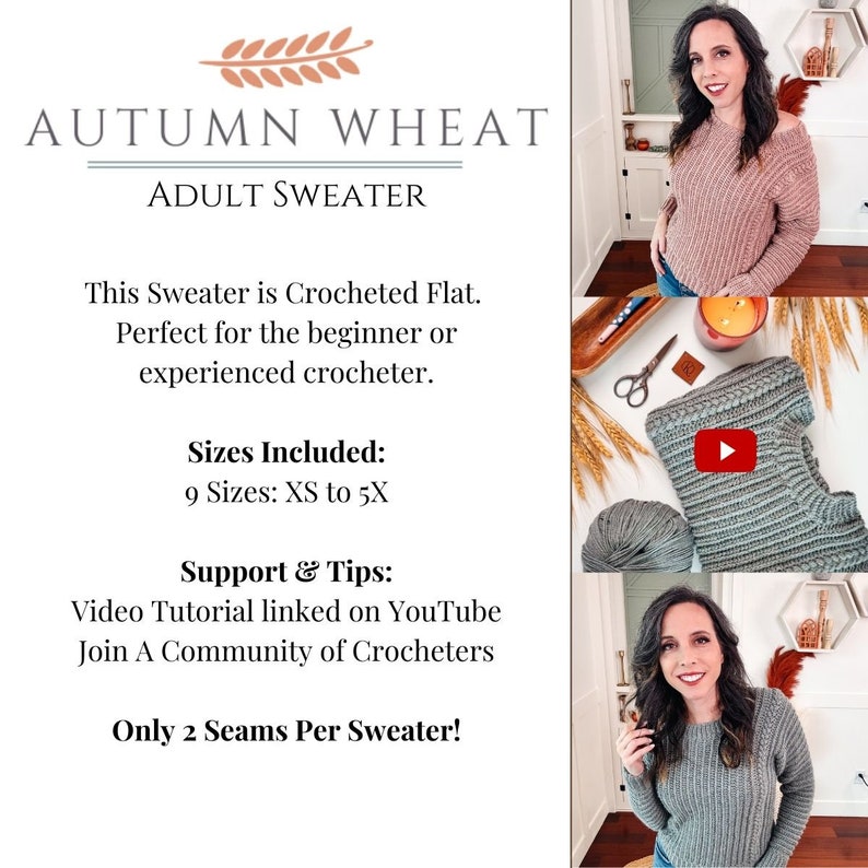 Autumn Wheat Crochet Sweater Pattern in Sizes XS-5X. Video Tutorial Included. Easy Crochet Pattern & Beginner Friendly Crocheted Flat. image 2