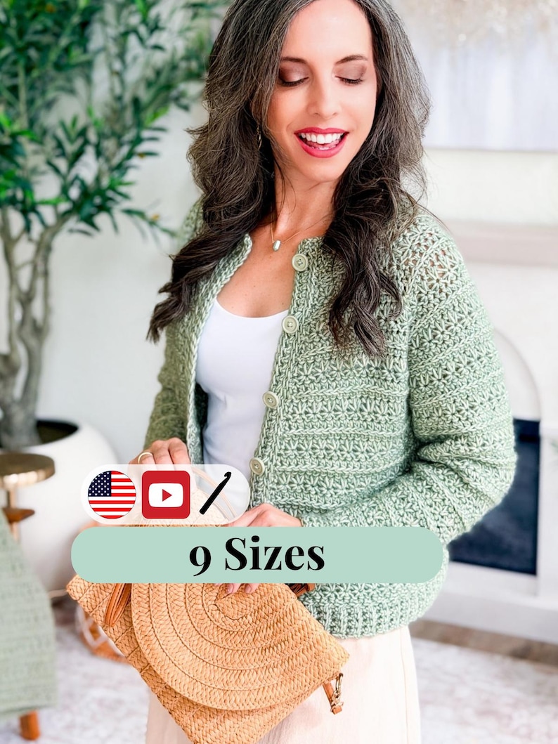 May include: A light green crochet cardigan with button closures. The image also shows a straw clutch and a banner with the text "9 Sizes". The banner also includes the American flag and a YouTube icon.