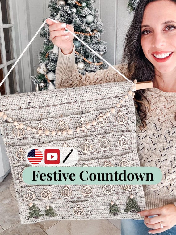 CROCHET PATTERN + VIDEO Christmas Crochet Advent Calendar Pattern. Count Down To Christmas - Cute Pine Christmas Tree + Holiday Gift Tags!