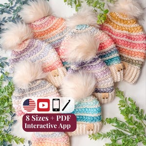 May include: A collection of crocheted beanies in various pastel and vibrant striped colorways, each topped with a fluffy faux fur pom-pom and a small leather brand tag. Text overlay reads: 8 Sizes + PDF Interactive App with icons.