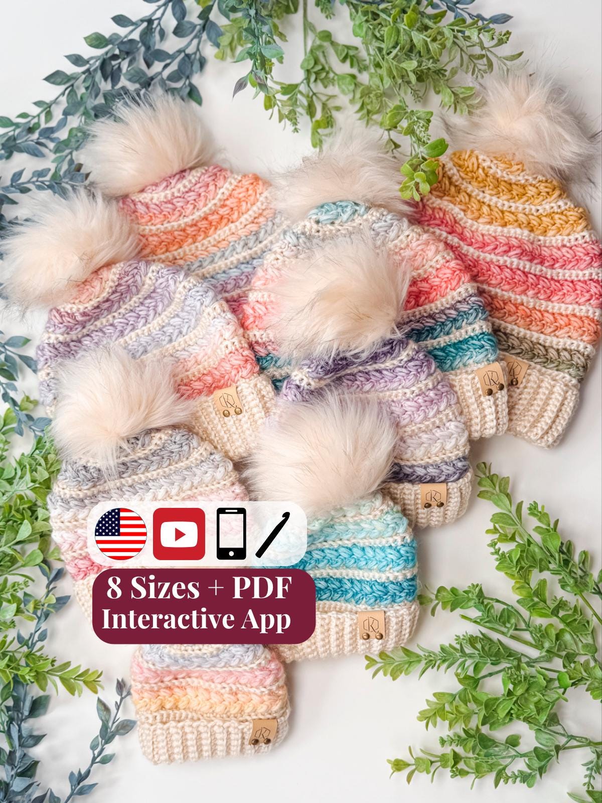 CROCHET PATTERN + VIDEO + App, Wheat Stitch™ Puff Beanie, 8 Sizes Baby to Adult, Womens Unisex Slouchy Hat, Printable Tag, Instant Download
